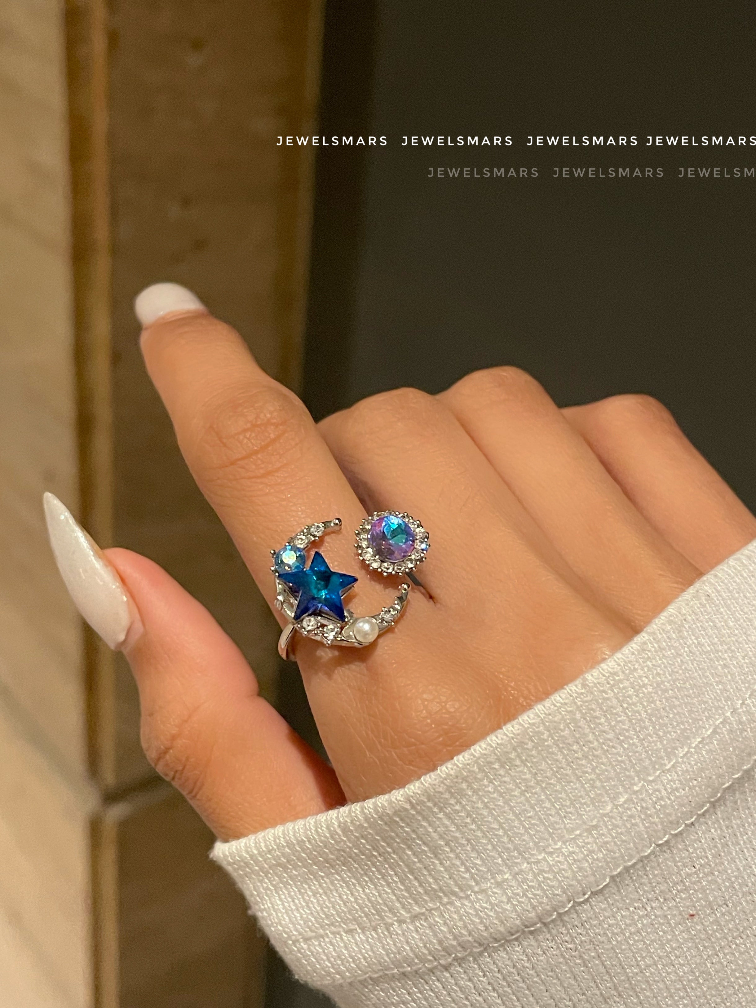Dreamy Moon Star Ring - blue